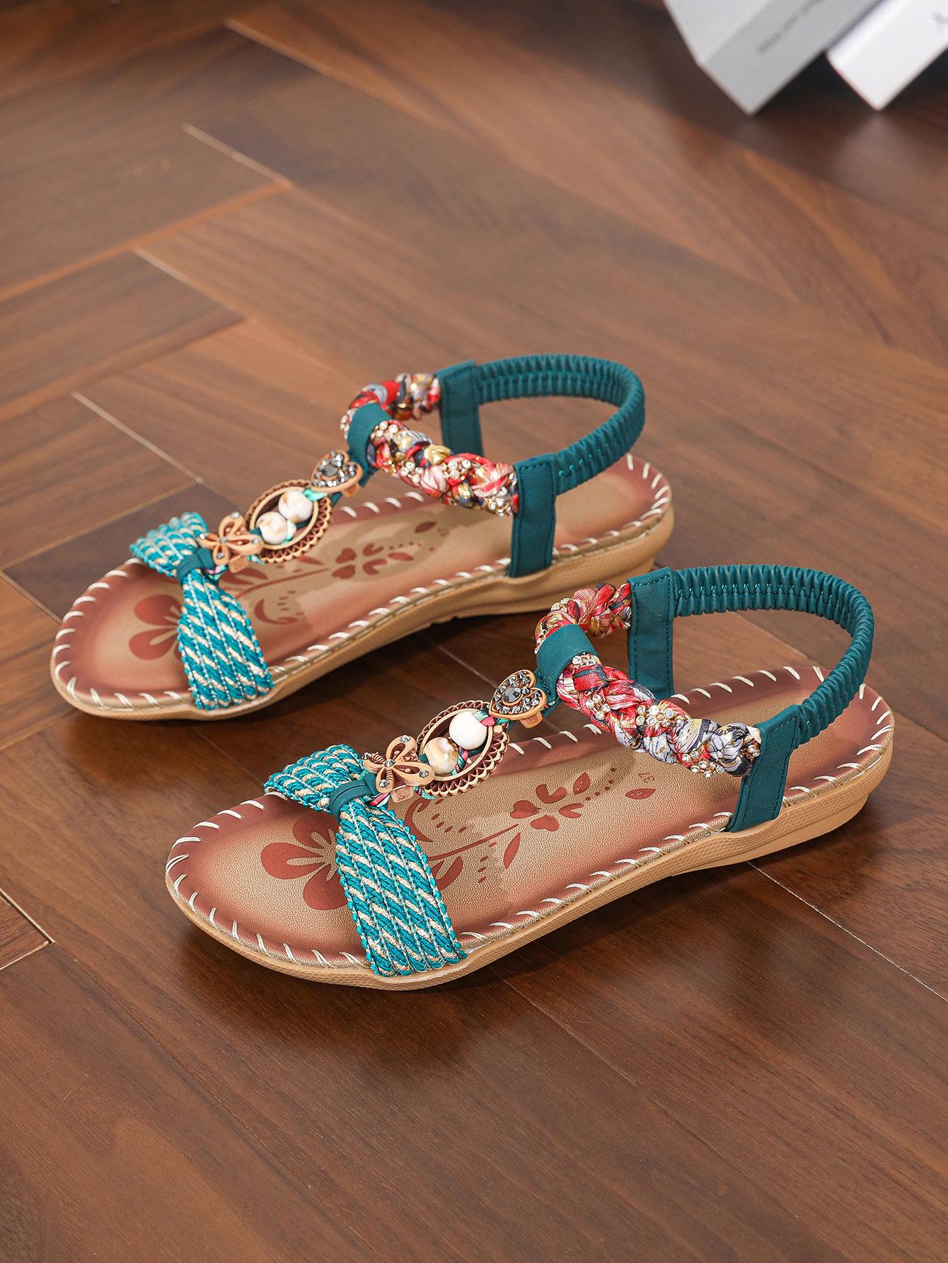 

Новые летние женские туфли в стиле бохо, плетеные, со стразами, на плоской подошве, сандалии больших размеров, пляжная обувь для женщин 41 небесно-голубой