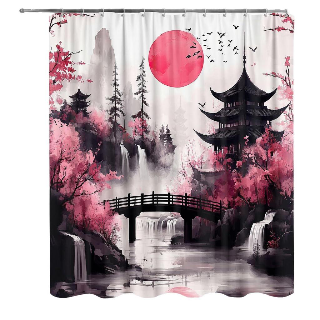 Japanese Cherry Blossom Watercolor Bath Curtain – Black & Pink Ink Wash Art with Hooks