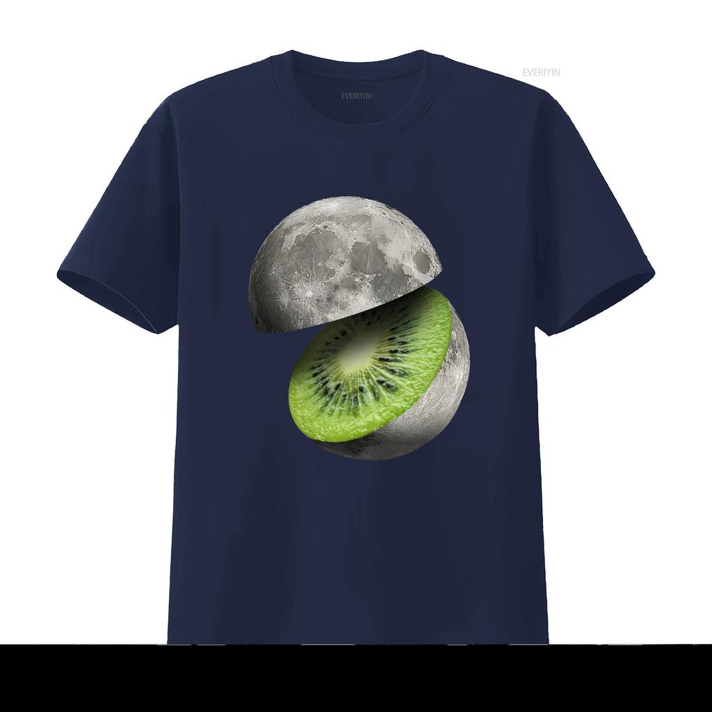 Moon Cut Kiwi Planet Space Fruit T Shirt for Adults Unique Astronomy Design vintage Washed Top For Everyday Wear Stretched