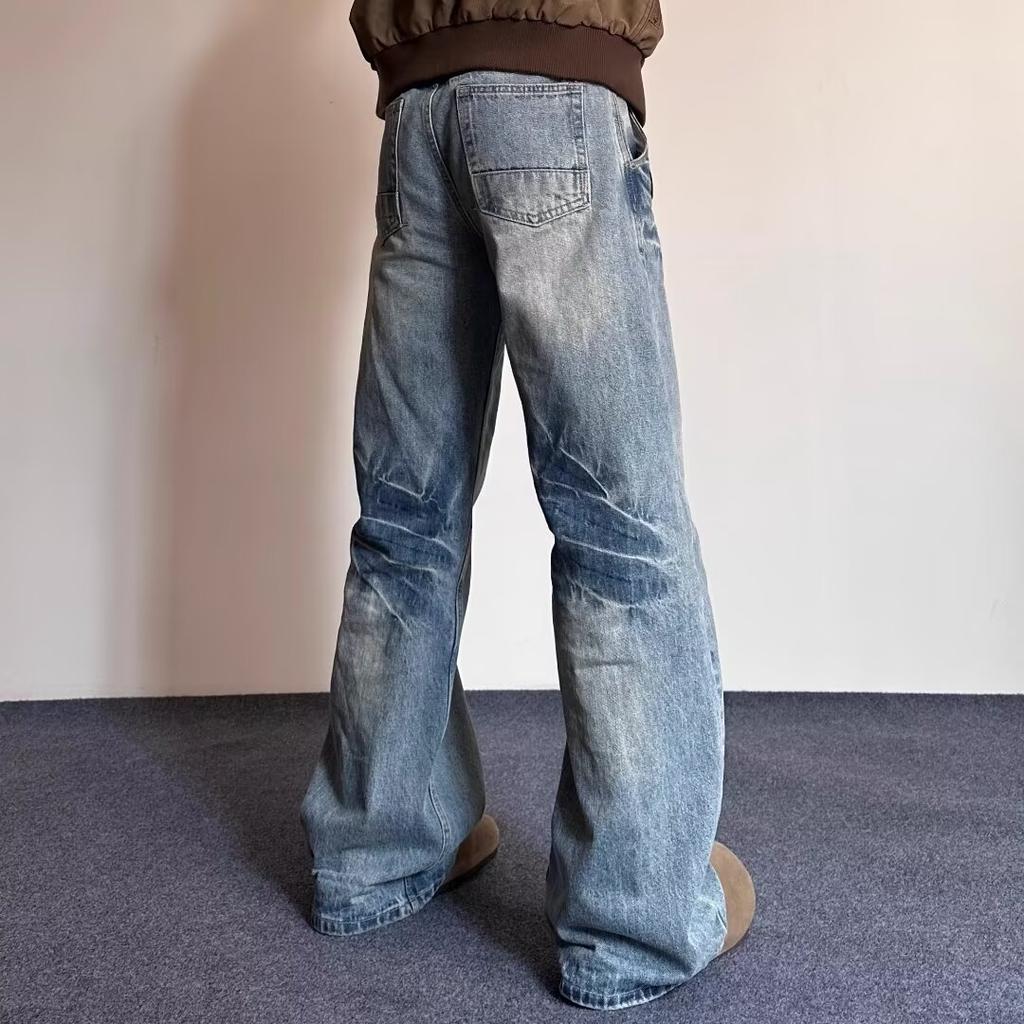 High Street Denim Pants For Men, Retro Distressed, Loose Straight Leg Pants, Wide Leg Sports Pants, Trendy