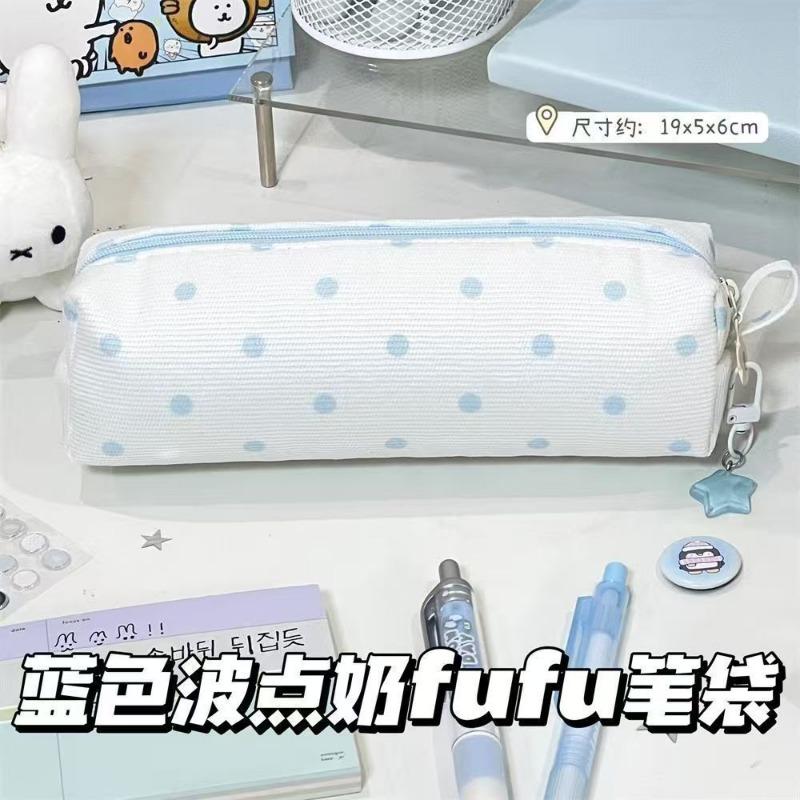 Cute Cream Blue Polka Dot Handheld Pencil Case For Students