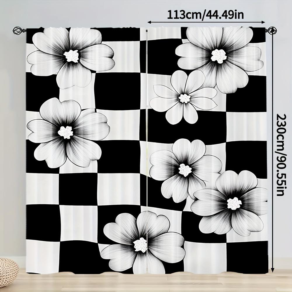 2pcs Art Deco Black & White Floral Checkered Curtains - Fade-Resistant Polyester   Machine Washable for Bedroom   Living Room   Off