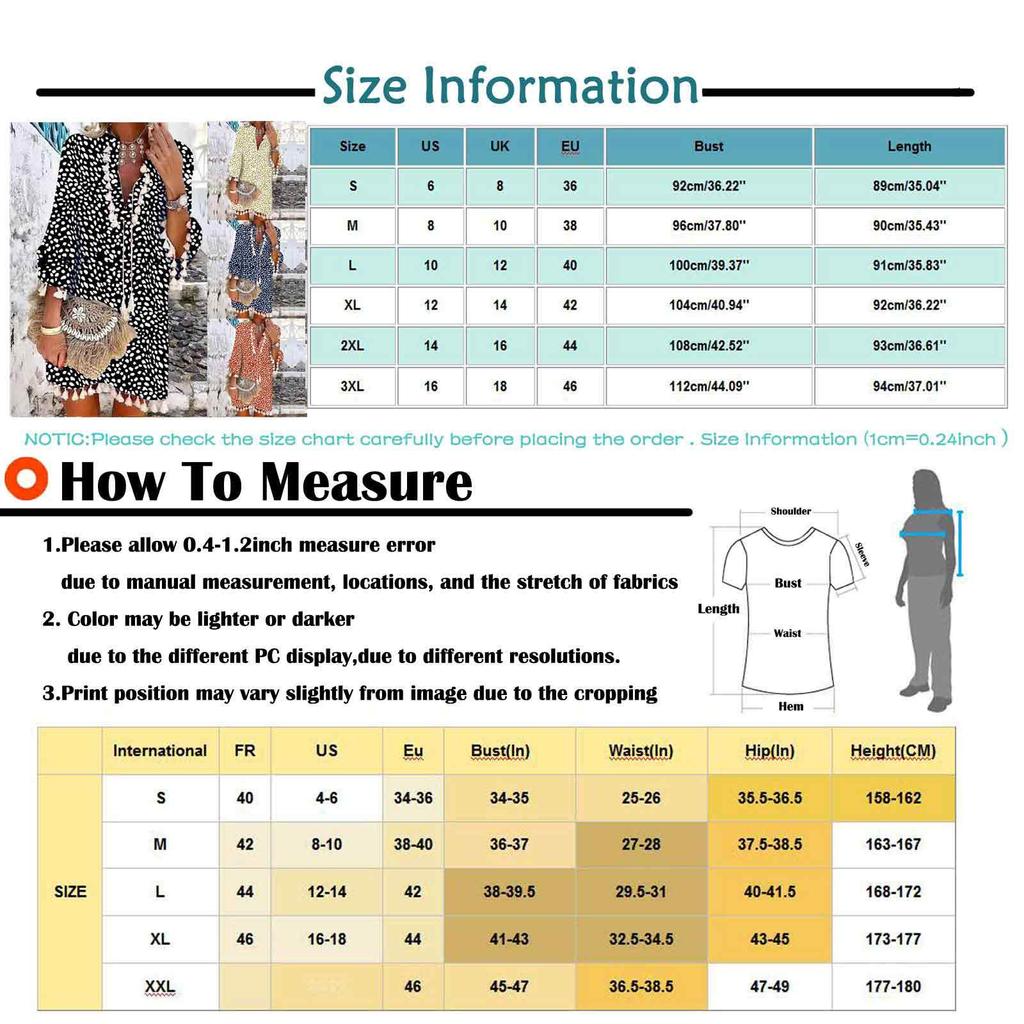Women Three-quarter Sleeve Boho Polka Dot Printed Dress Tassel V-neck Dress