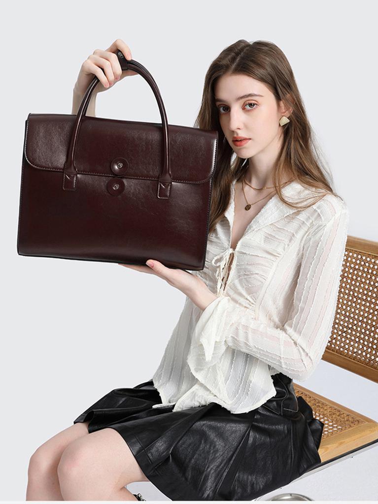 Echte Leder Aktentasche Damen Luxus Mode Vintage Büro Business OL Schulter Seitlich 14 Zoll Laptop Messenger Tragbare Tasche