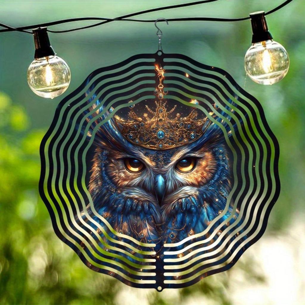 Metal Wind Chime with Crowned Owl Design Dual Direction Spinning No Electricity Needed for Garden Patio Yard Outdoor Decoration