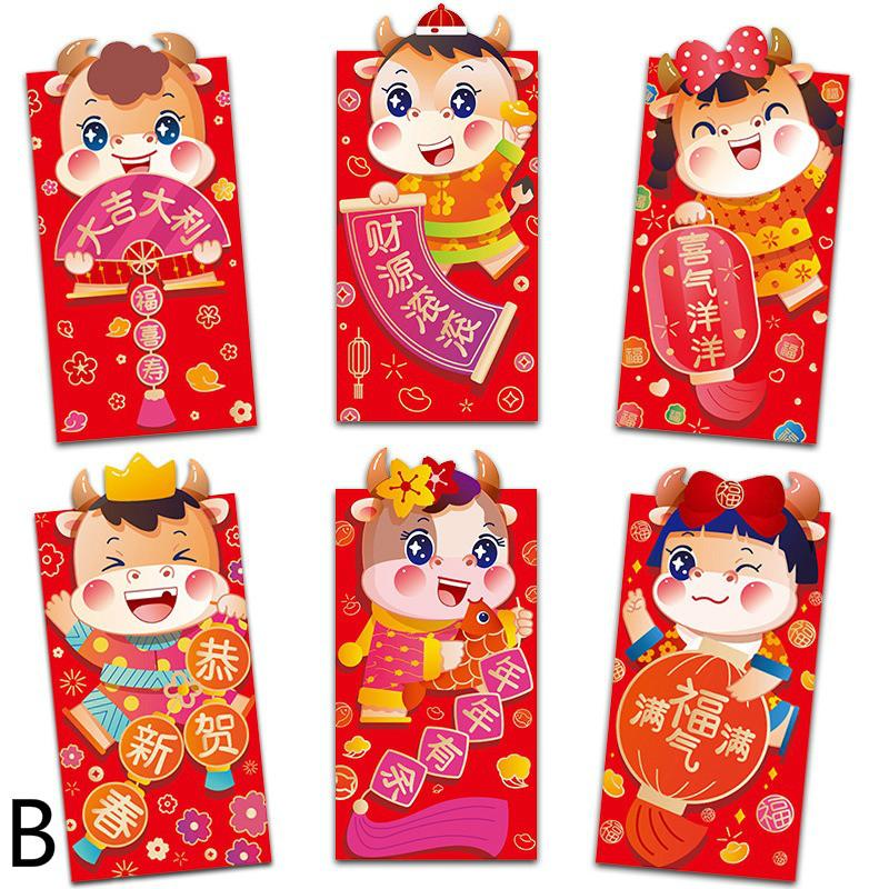 

2021 Китайский Красный конверт Лунный год Быка Коровы Быка Год Счастливые деньги Хунбао Пакет Праздничные денежные пакеты, упаковка из 6 штук B
