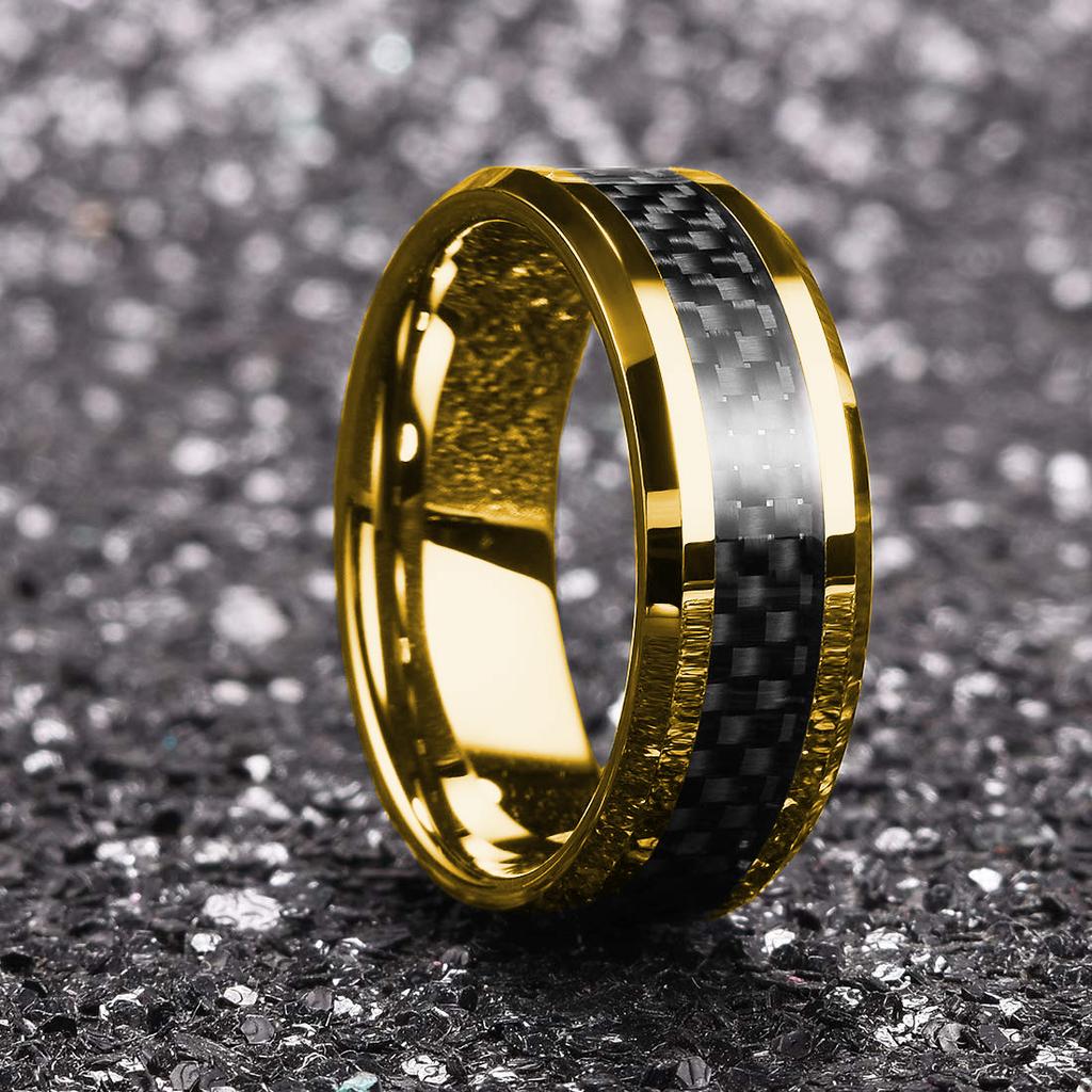 Simple 8MM Men Gold Color Stainless Steel Rings Black Carbon Fiber Matte Finish Engagement Ring For Men Wedding Band Jewelry