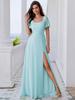 Ever-Pretty Women's U-Neck Backless Frenulum Knotting Short Sleeves High Slit A-Line Bridesmaid Dress Chiffon Evening Dresses