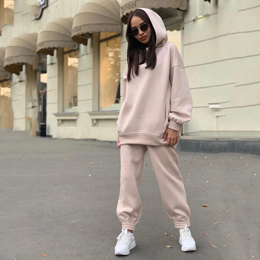 Women's Casual Fleece Hooded Two-Piece Sweatshirt Set - Loose Fit, Autumn/Winter 2023 Style