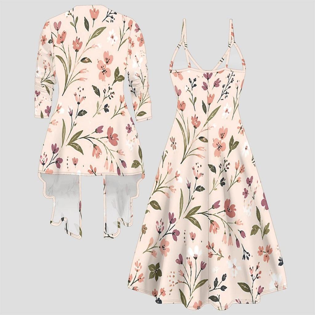 Women Plus Size Two Piece Outfit Long Sleeve Open Front Jacket Cami Maxi Dress