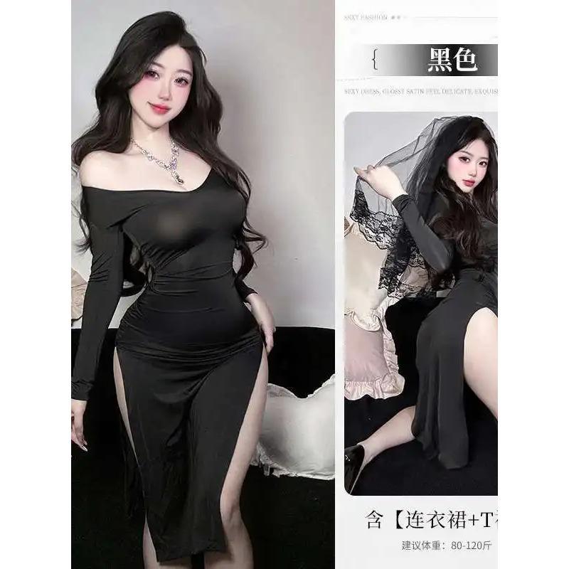New Sexy Mesh Lace Sheer Long Dress V Neck Sweet Tops Slit Dress Pure Desire Uniform Sleeping Clothes  Dress Elegant 1E4K