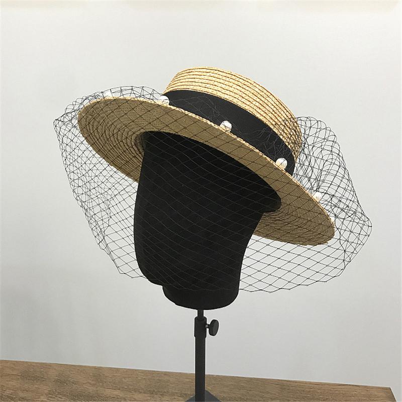 Japan Designer Natural Straw Mesh Pearl Brim Lady Fedoras Hat Women Leisure Panama Jazz Cap