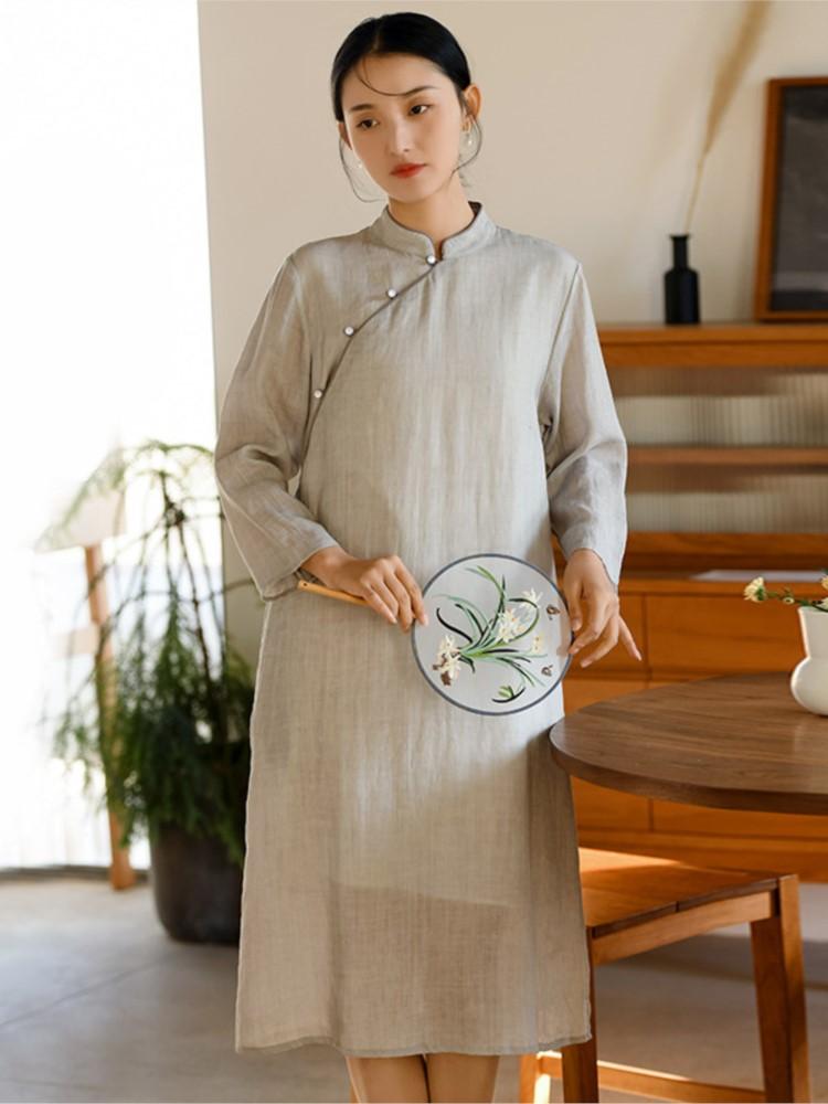 Johnature Women Chinese Style Cheongsam Solid Color Stand Long Sleeve Button Ramie Vintage Spring Dress Women Clothes
