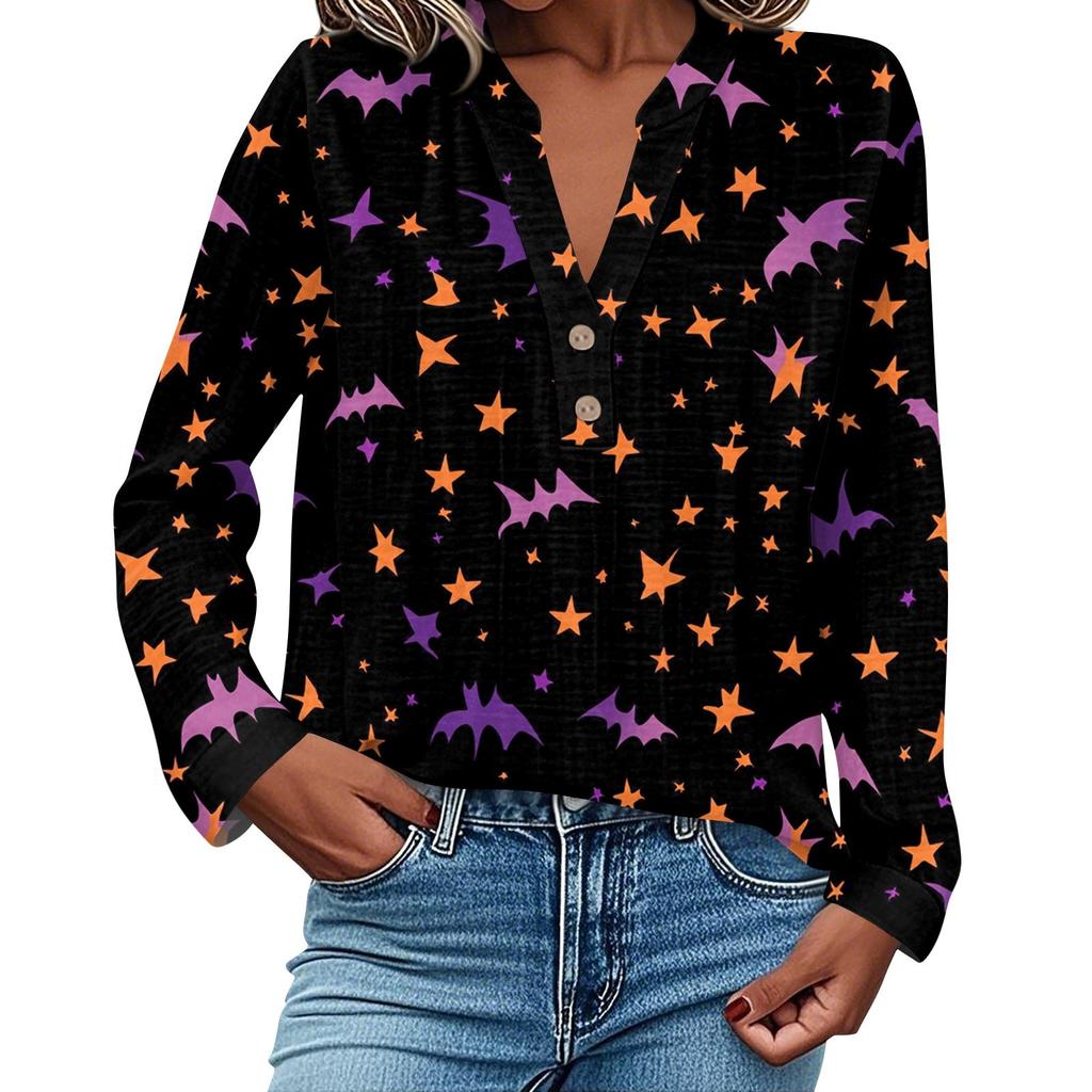 Dame Moteabel Og Casual Skjorte Langermet V-hals Knapp Trykt Bluse Topp