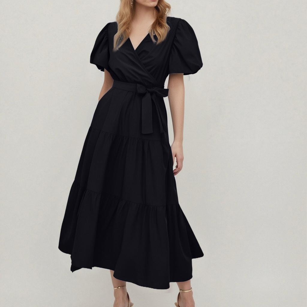 Women's Casual Loose Color V-Neck Short Sleeved Waist Dress Short Sleeved Waist Dress