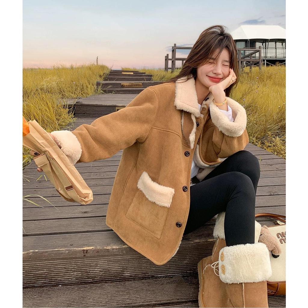 Korean Style Double-Sided Suede Jacket - Women's Winter 2026 Thick Lambswool and Leather Top