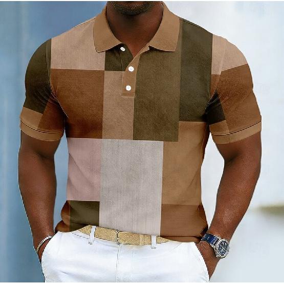 Short-sleeved Geometric Pattern Polo Shirt for Men, Summer Top