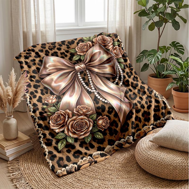 Leopard Print Bow Decor 1 Theme Blanket Lightweight Warm Flannel Blanket Decorative Throw Blanket for Home Decoration