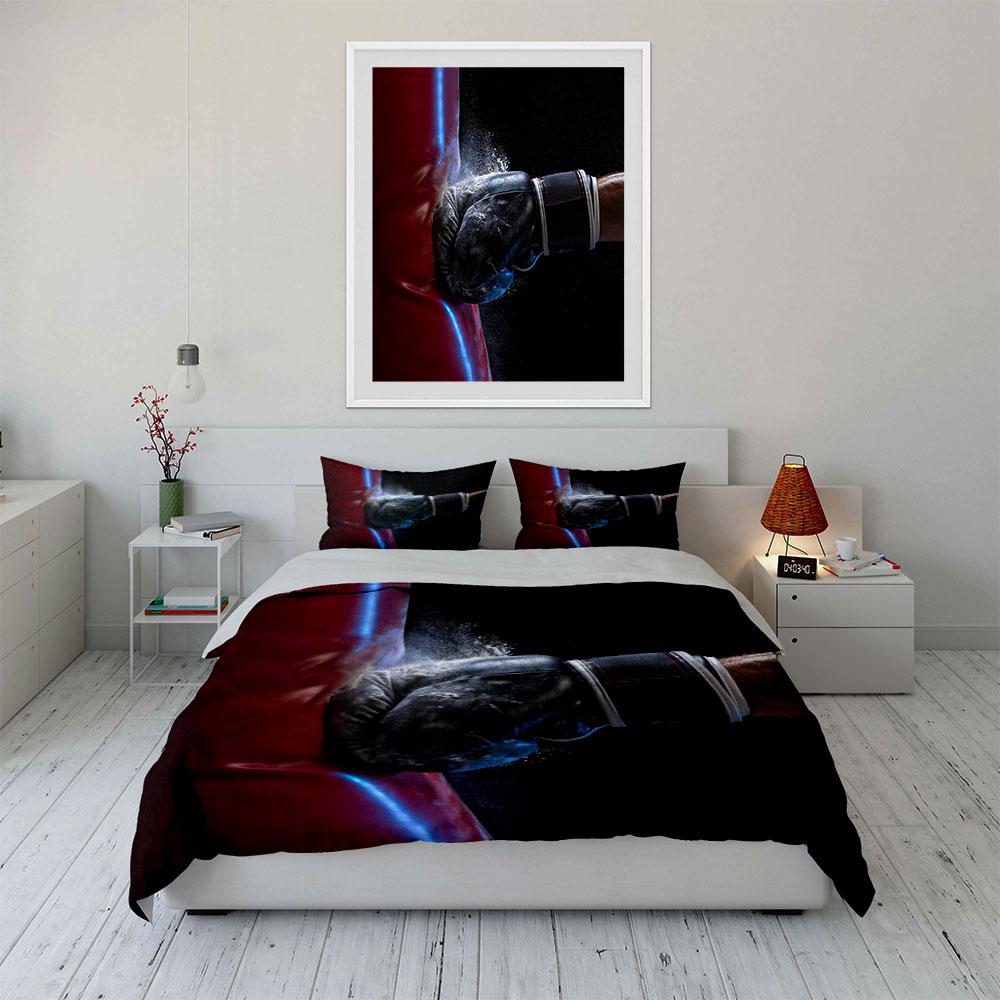 3Pcs Boxing Punching Bag Bedding Set, Black Glove Hitting Red Sandbag Print Duvet Cover + 2 Pillowcases, Sports Design For Boys