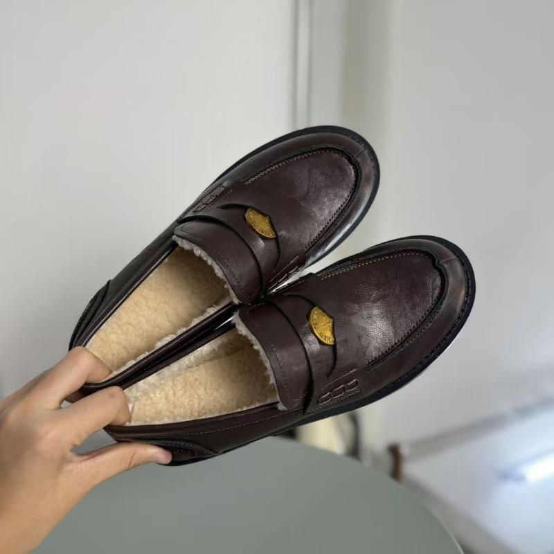 [Su Family] Cowhide Edition~ Flat Bottom~ Horse Leather Retro Polished Small Gold Coin Loafu Single Shoes Women's Small Leather Shoes