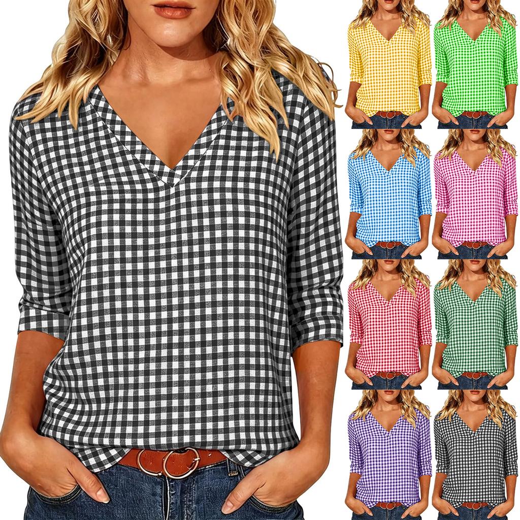 Women's Casual Plaid Print Three-Quarter Sleeve Pullover Top