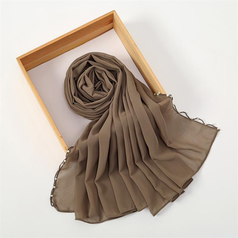 Muslim Chiffon Hijab Scarf Pearl Edge Solid Color Squane Head Wrap For Women Hijabs Scarves Jersey Hijabs Islamic Turban Headban