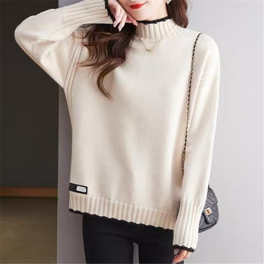 Plus Size Color Block Half-High Neck Sweater - Women's Loose Autumn/Winter Knit Pullover