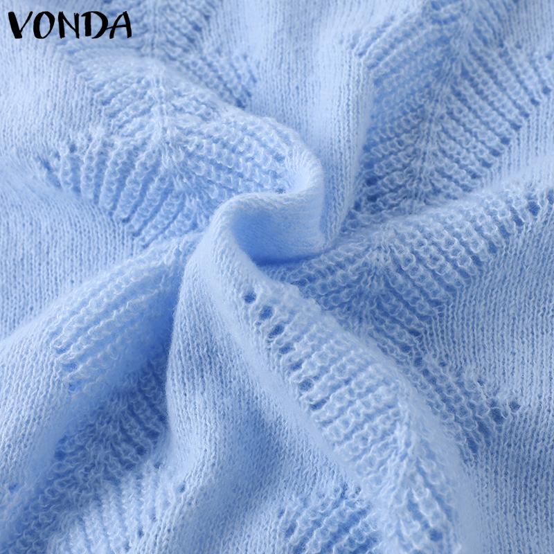VONDA Women Autumn V-neck Long Sleeve Solid Color Pullover Sweaters