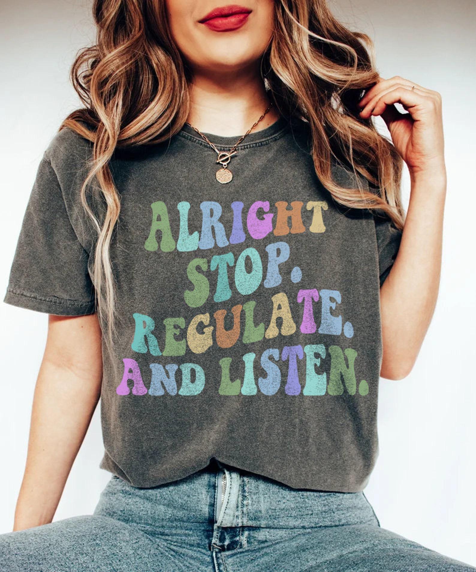 Counselor Alright Stop Regulate and Listen Teacher Shirt, Retro School Counselor Back To School Shirt, Retro Groovy Coping Skills T-shirt S