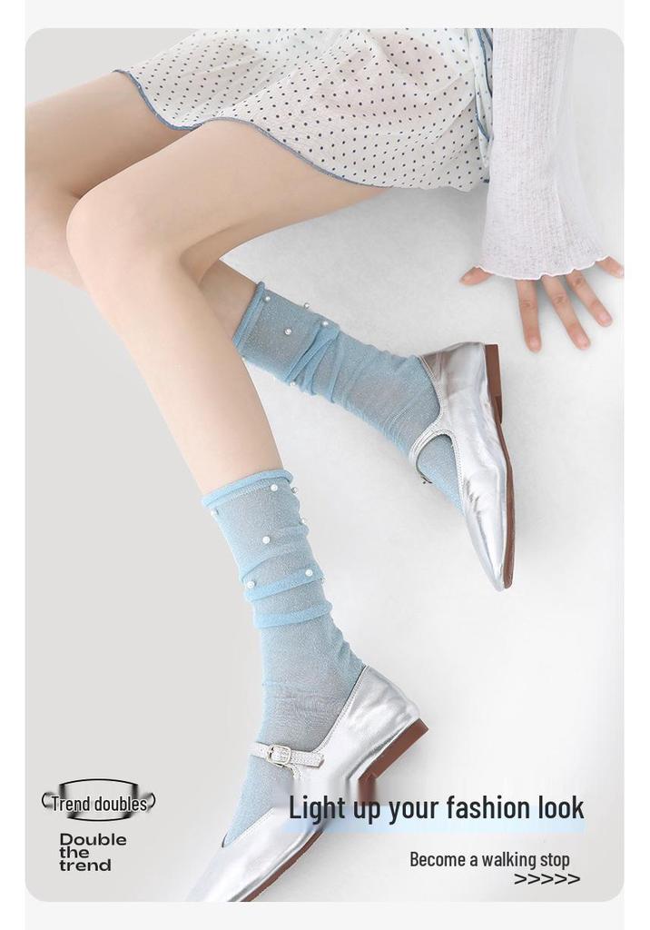 Renaissance Pearl Mid-Calf Women's Socks: Original Thin, Solid Color, Puffy Ins Style.