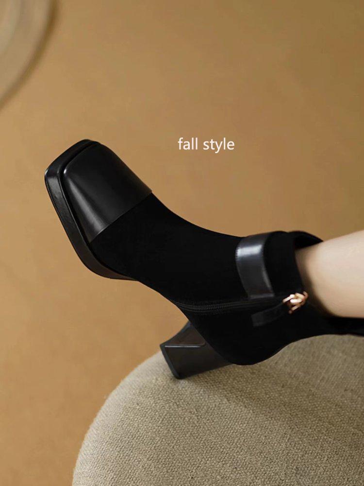 Осенне-зимние сапоги из коровьей замши на высоком каблуке женские с квадратным носком с боковой молнией пряжкой на ремне с застежкой на ремень короткие сапоги на толстом каблуке 35 2980₽