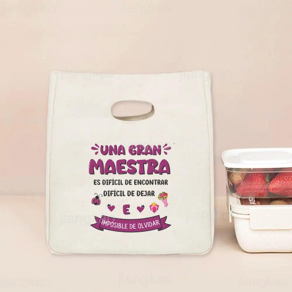 Spanish Printed Portable Lunch Bags Thermal Insulated Bag Teacher Life Picnic Foods Cooler Storage Pouch Thanks Gift for Teacher