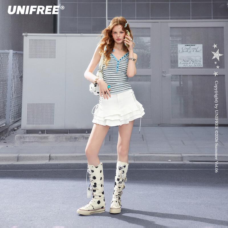 UNIFREE Ruffled Denim Mini Skirt with Tie Rope M