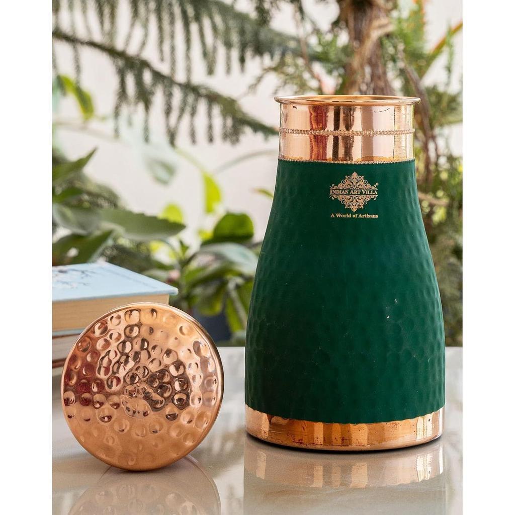 Pure Copper Bedroom Water Bottle with Inbuilt Glass, Green Silk Finish Hammered Design, Drinkware & Storage Purpose - Volume 950 ML (Pack of 1)