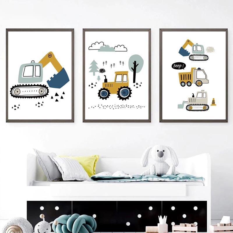 Cartoon Crane Excavator Tractor Truck Poster Wall Art Canvas Painting Nursery Child Boys Pictures Nordic Wall Print Room Decor