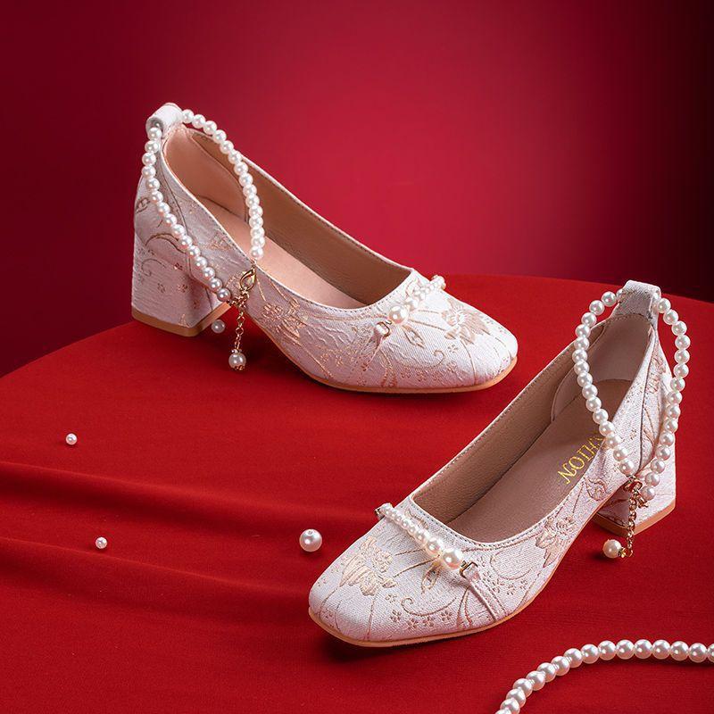 Embroidered shoes Mary Jane shoes spring dance French small fragrant style evening thick heel single shoes temperament high heels evening style