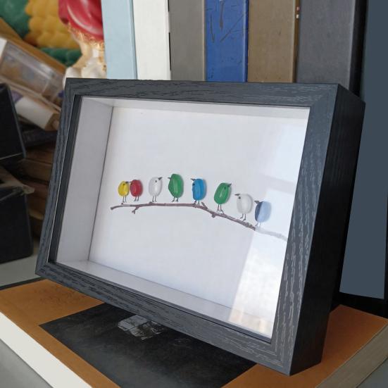 Sea Glass Art Photo Frame Home Decor with Handmade Sea Glass Birds in Black Wooden Frame Framed Sea Glass Bird Branch Ornaments