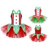 Girls Dance Dress Sleeveless Crisscross Back Button Front Sequins Plush Balls Decor Ruffle Tutu Mesh Costume