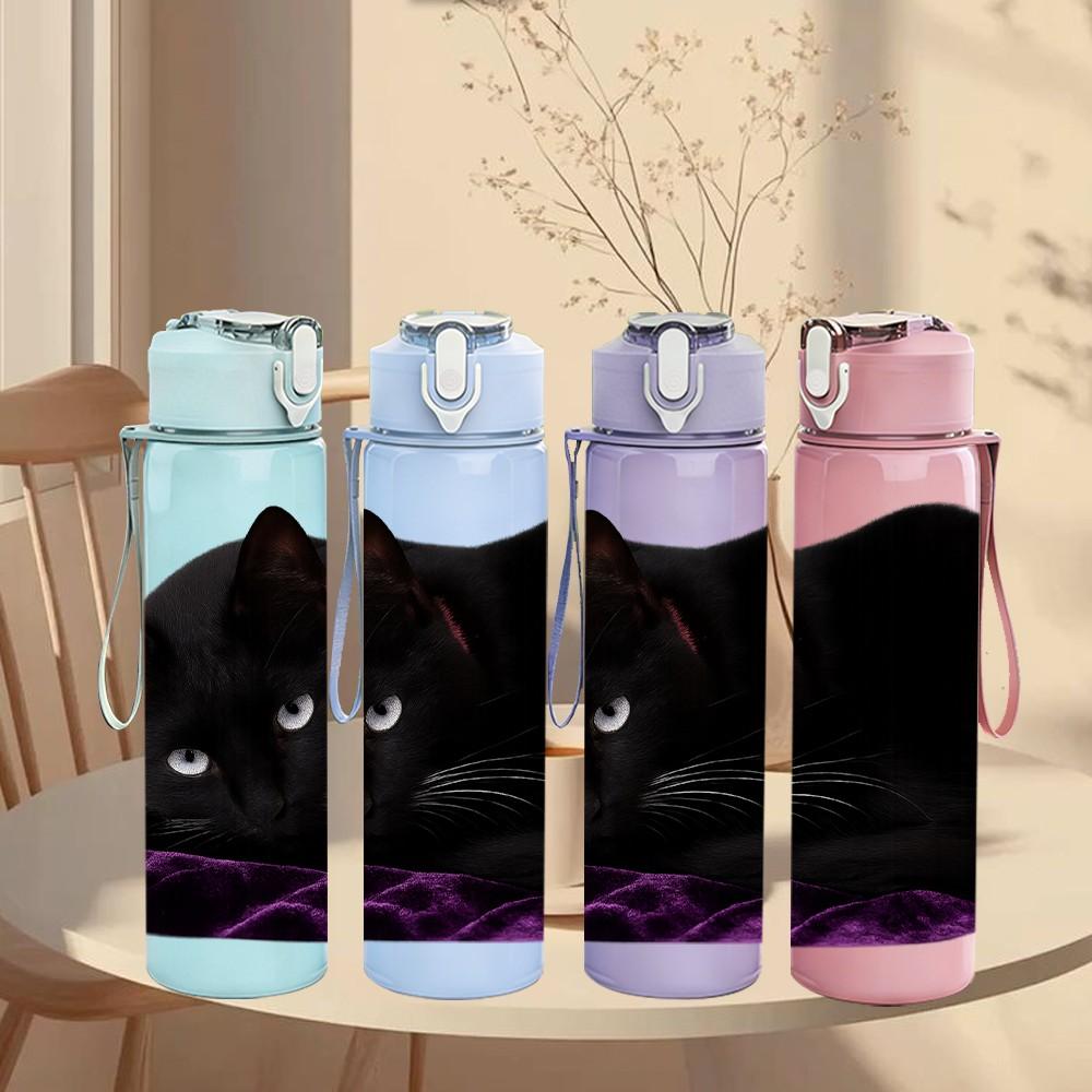 1PC Sleepy Black Cat Resting Portrait Print 750ml Color Plastic Sports Water Bottle Leakproof Flip Straw Lid Suitable for Sports Office Home Use