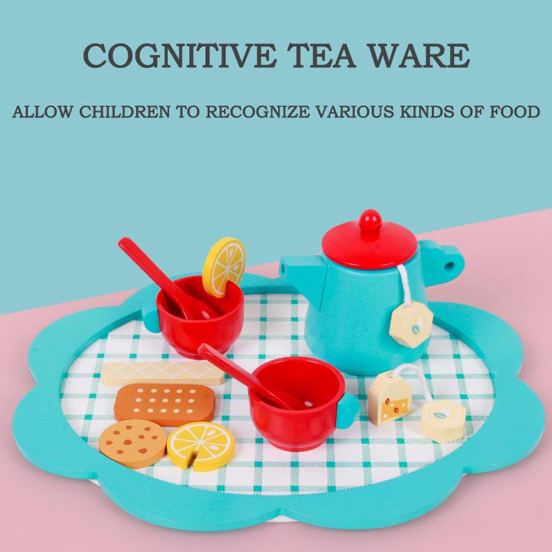 BABIBO Children's Simulation Play House Blue Afternoon Tea Cognitive Toys/food Tea Tableware Role-playing Wooden Toys