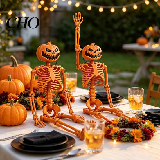 Scary Doorway Hanger 40cm Pumpkin Head Skeleton for Halloween Decoration, Movable Joint Indoor Hanging Ghost Skull Figurine with Lanyard, Spooky Party