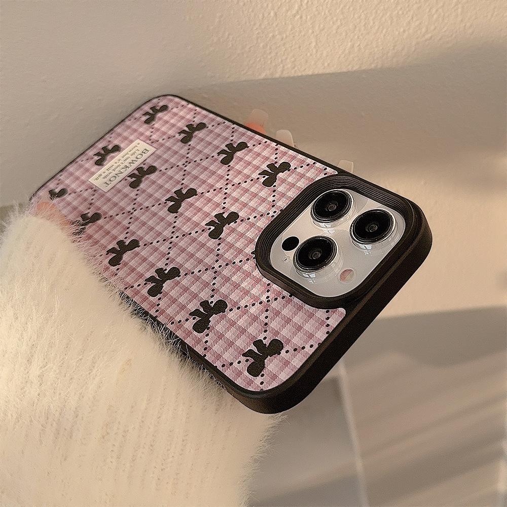 Korean Bow Plaid Mobile Phone Case 16 Apple 14promax Sweet 11 Suitable for IPhone 15 Leather 13 Winter