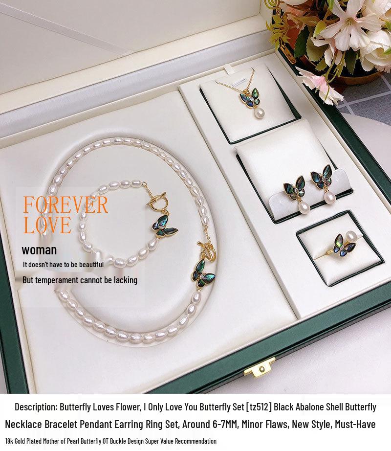 Elegant Freshwater Pearl Necklace Set with Abalone Shell Butterfly Inlays for Women