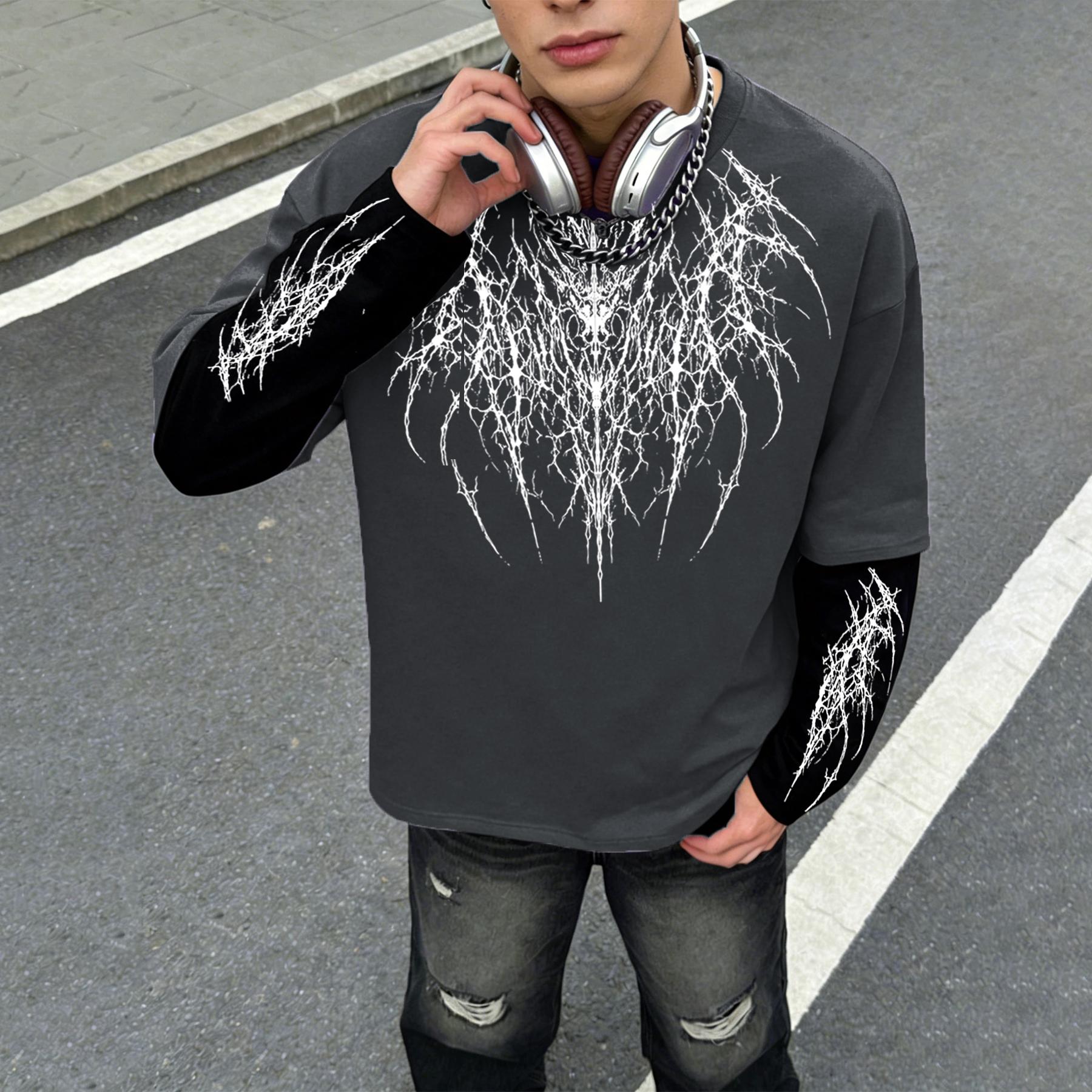 Farbblock-Langarm-T-Shirt, Street-Style Dunkles Gothic Dornen-Print-Langarm-T-Shirt, Lockeres Oversized Freizeit-Oberteil (Unisex) XXL grau