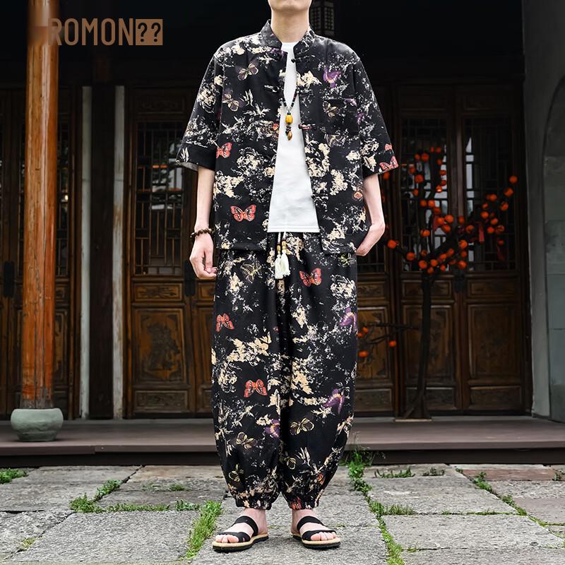 ROMON Men s New Chinese Style Linen Floral Shirt & Pants Set 3XL