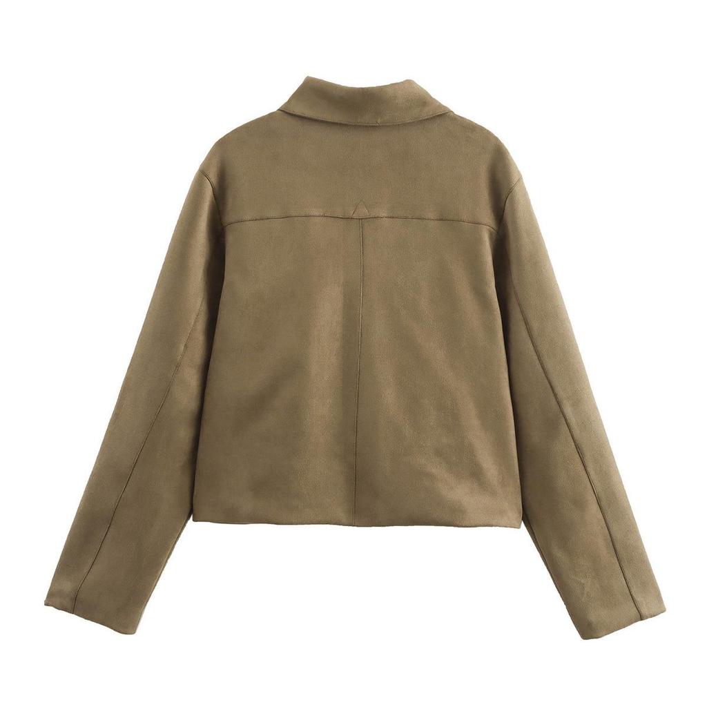 Women's Suede Pocket Jacket with Turn-Down Collar - 2024 Autumn Casual European & American Style