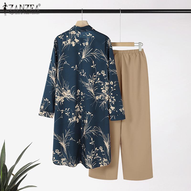 ZANZEA Lässiges zweiteiliges Anzug-Set für Damen mit langer Bluse und Hose im Print