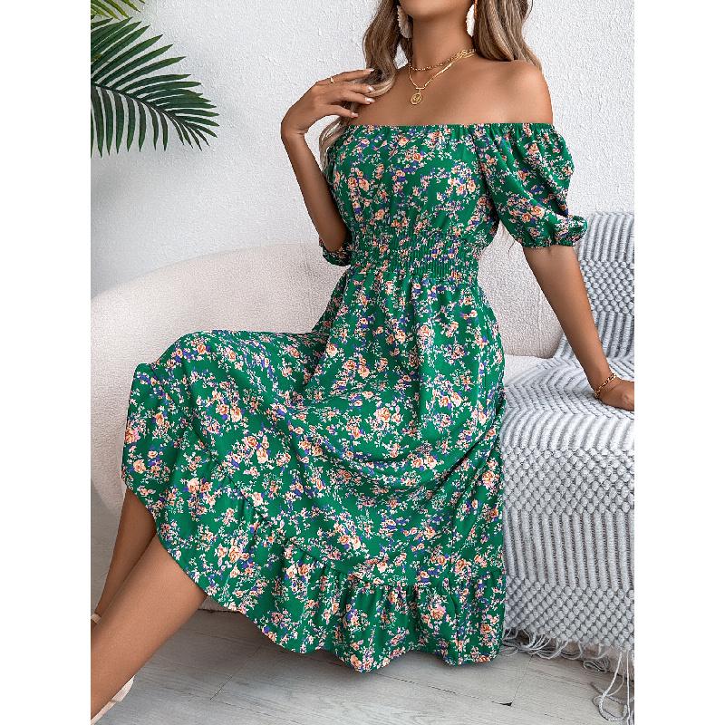 2026 Spring/Summer New Floral Print Square Neck Short Sleeve Waist-Cinching Ruffle Hem Women's A-Line Dress