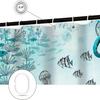 Ocean Theme Shower Curtain – Sea Turtle, Octopus, Jellyfish & Fish Print In Blue Teal, Coastal Bathroom Decor With Hooks