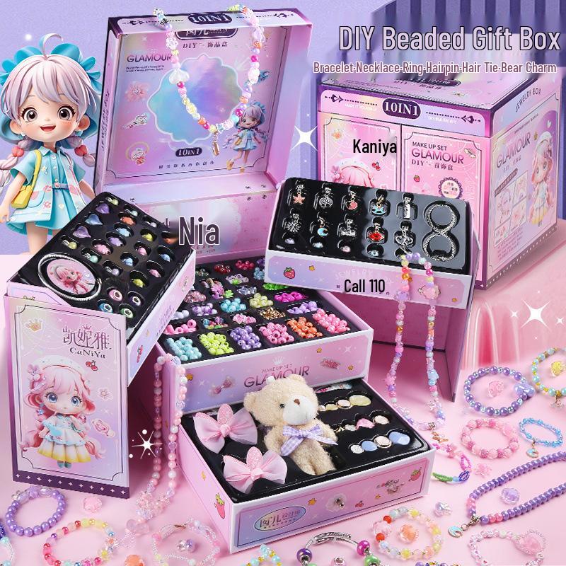 Colorful Beaded Jewelry Set for Girls - Necklace, Bracelet & Hair Accessories Gift Box